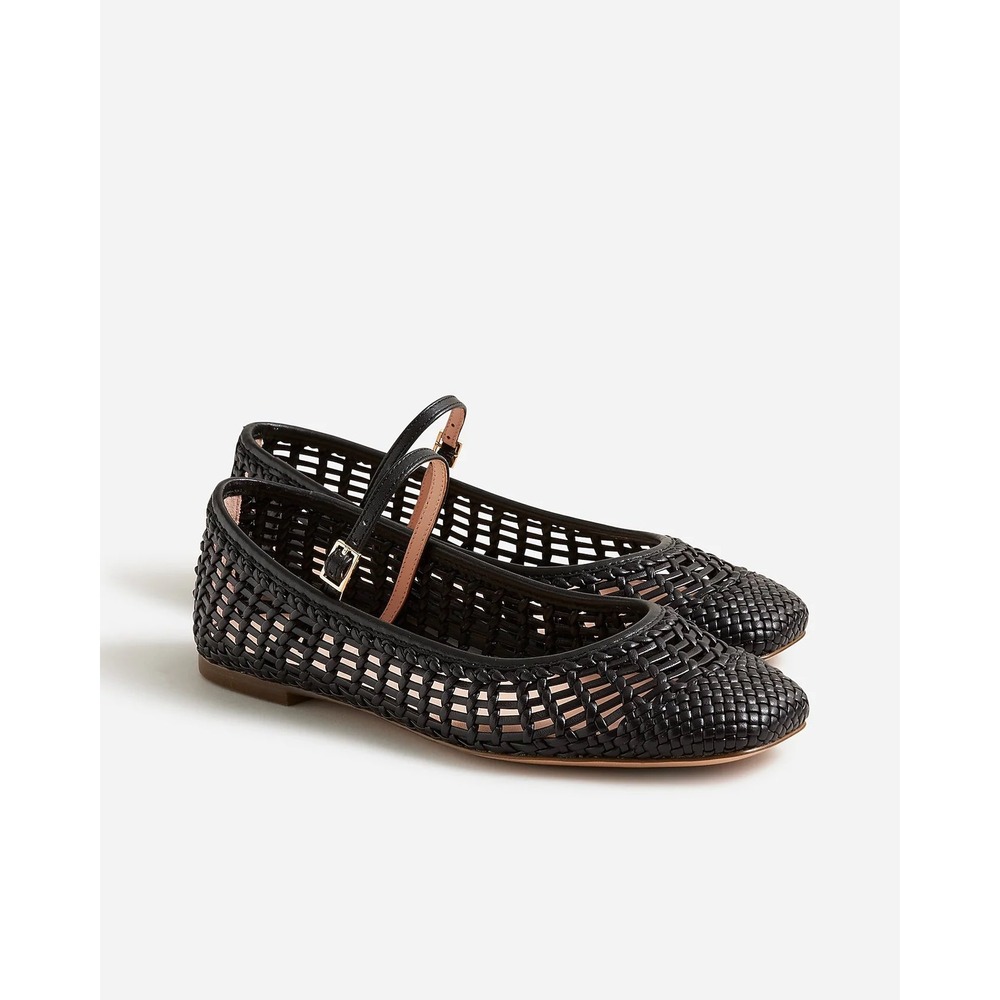 J.Crew Quinn Woven Leather Mary Jane Ballet Flats Black Size 6.5